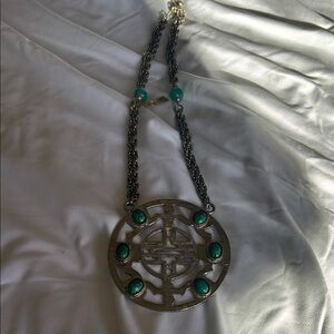 Kenneth J Lane  Silver and green glass stones Statement Necklace